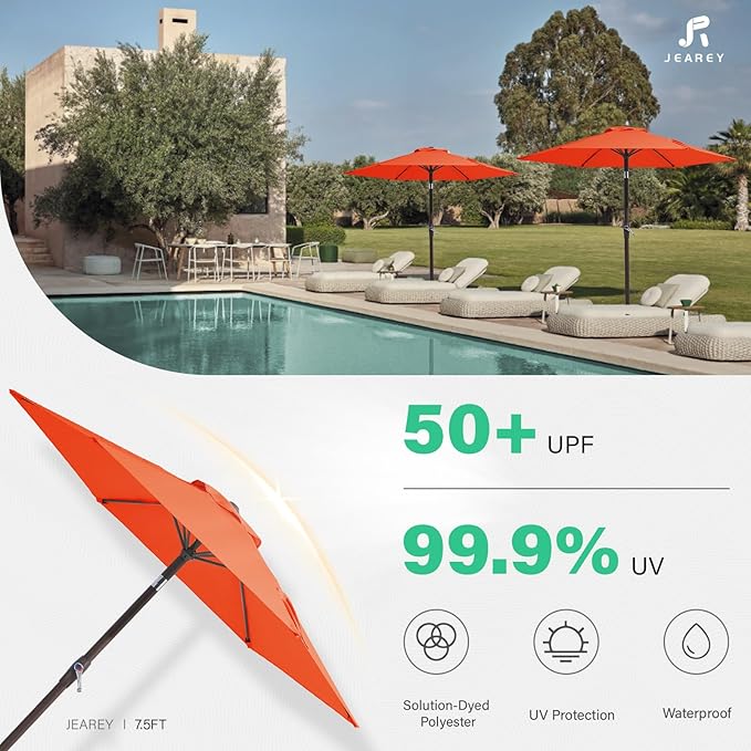 JEAREY 7.5FT Patio Umbrella Market Table Umbrella with 6 Sturdy Ribs, Push Button Tilt/Crank Outdoor Umbrella for Garden, Deck, Backyard, Pool and Beach,Orange