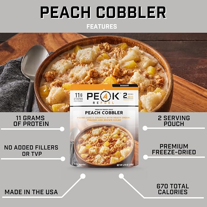 Peak Refuel Cobbler | Protein | Calories | 100% Real Ingredients | Premium Freeze Dried Backpacking & Camping Food | 2 Servings | Ideal MRE Survival Meal or Dessert