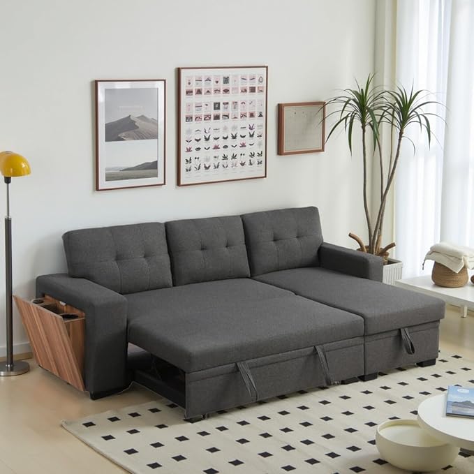 L-Shape Sofa Bed, 92" Sectional Couch with Storage Chaise, Pull Out Sleeper Sofa with Side Compartment, Convertible Corner Couch for Living Room Apartment, Dark Gray