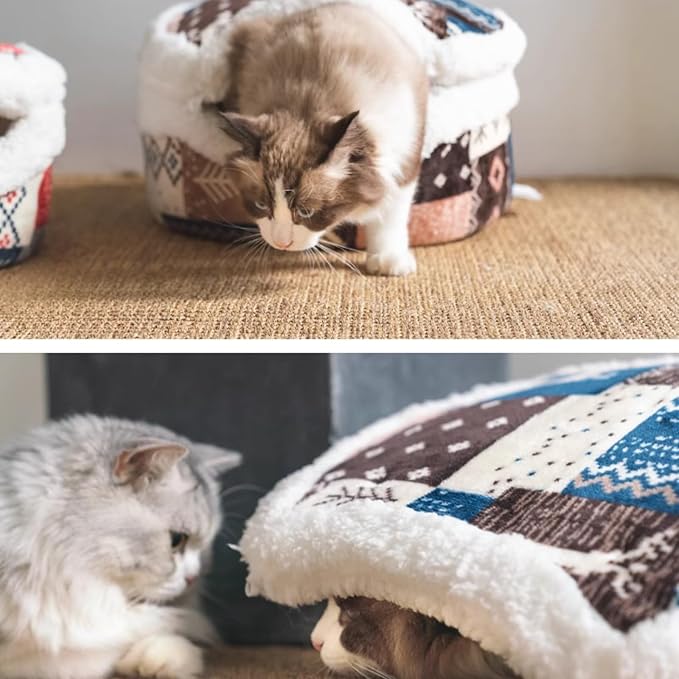 Cat Cave Bed ??Plush, Warm & Calming Hideaway with Detachable Lid & Mat, Covered House for Indoor Kitten & Kitty (Brown)