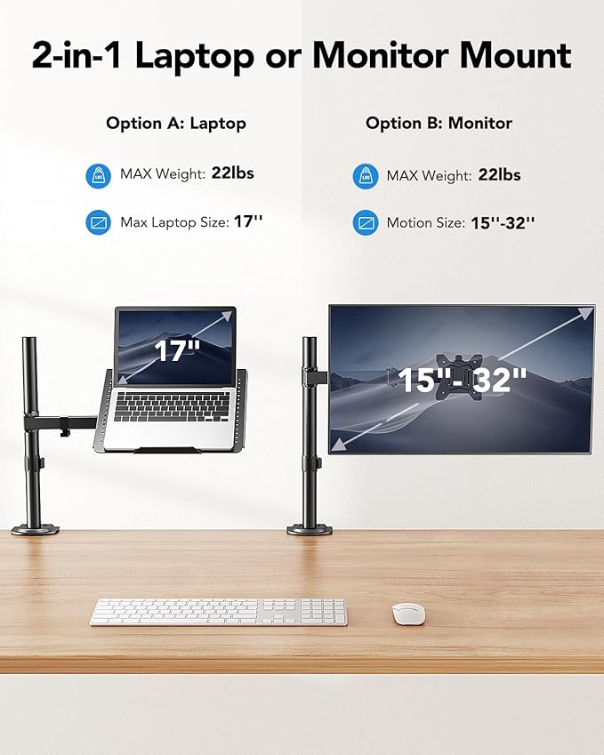 HUANUO Laptop Desk Mount - 17' to 32' Monitor Arm, Ventilated Tray, Fully Adjustable with Tilt, Swivel & Rotation, Holds up to 22 lbs