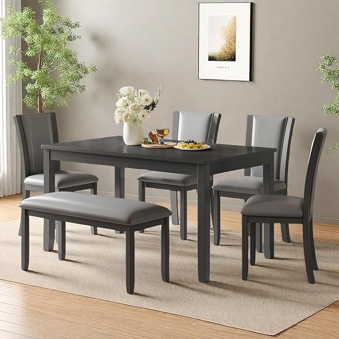 Dining Table Set for 5, 6-Piece Kitchen Table & Chairs Set with Rectangular Table, Bench & 4 Upholstered Chairs, 58'' Dinner Set with Rubber Wood Legs & Curved Backrest for Kitchen, Gray