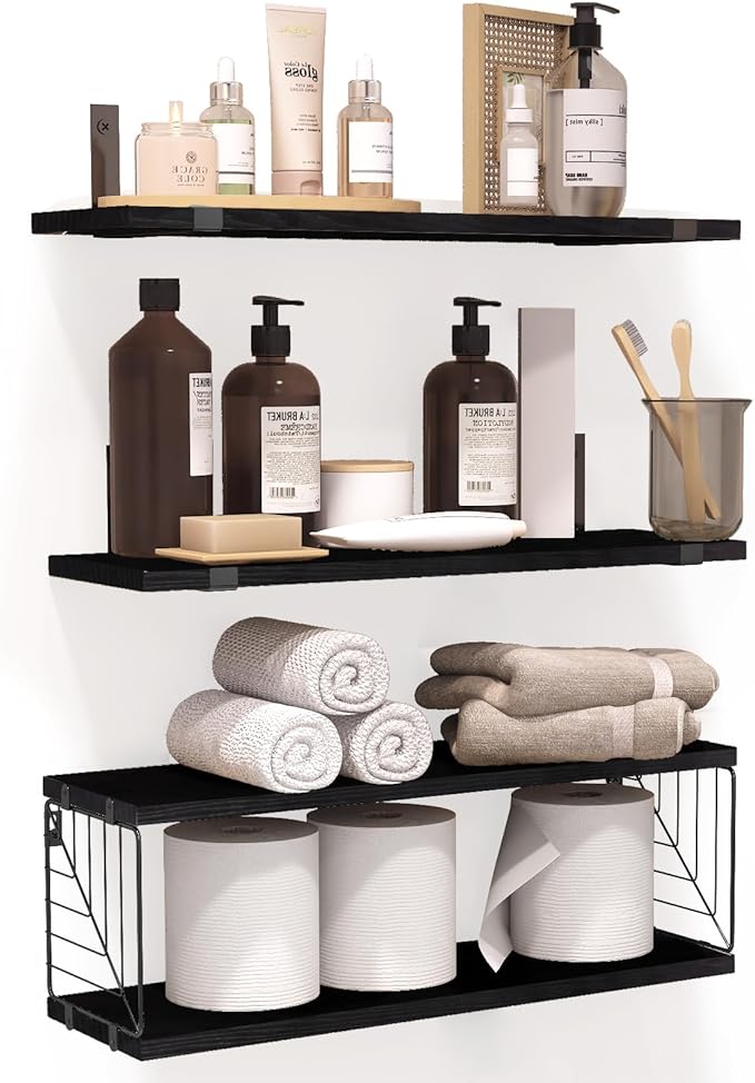 Fixwal 3+1 Tier Bathroom Floating Shelves Over Toilet, 15.8in Farmhouse Rustic Wood Shelves, Wall Decor for Bathroom, Living Room,Bedroom and Kitchen (Black)