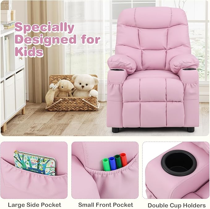 Costzon Kids Recliner Chair with Cup Holder, Adjustable Lounge Chair w/Footrest & Side Pockets for Children Boys Girls Room, Ergonomic Toddler Furniture Sofa, Kids Pink Recliner (Pink)
