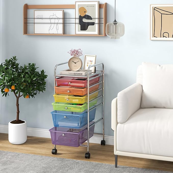 COSTWAY 6-Drawer Rolling Storage Cart, Multifunctional Art Craft Tools Organizer on Wheels, Heavy Duty Utility Mobile Storage Trolley w/ 2 Lockable Wheels for Home Office School (Rainbow)