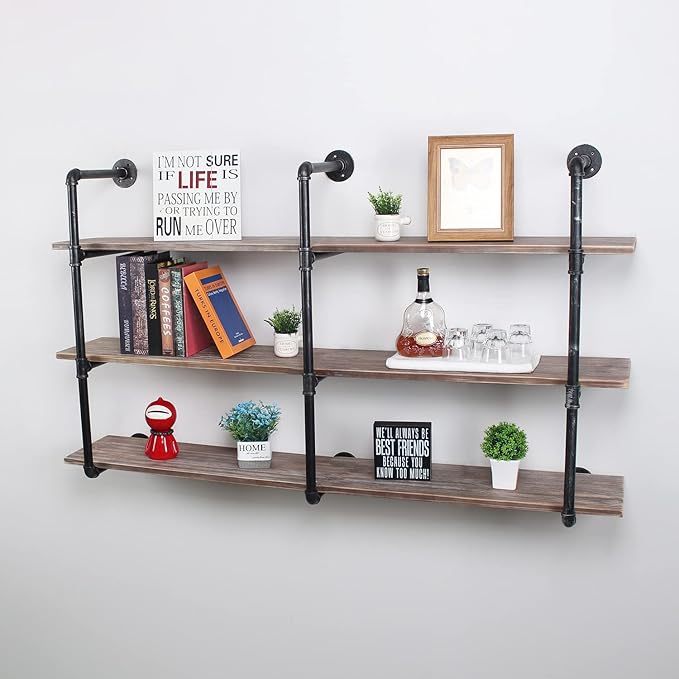 MBQQ Industrial Pipe Shelving Wall Mounted,63in Rustic Metal Floating Shelves,Steampunk Real Wood Book Shelves,Wall Shelf Unit Bookshelf Hanging Wall Shelves,Farmhouse Kitchen Bar Shelving(3 Tier)