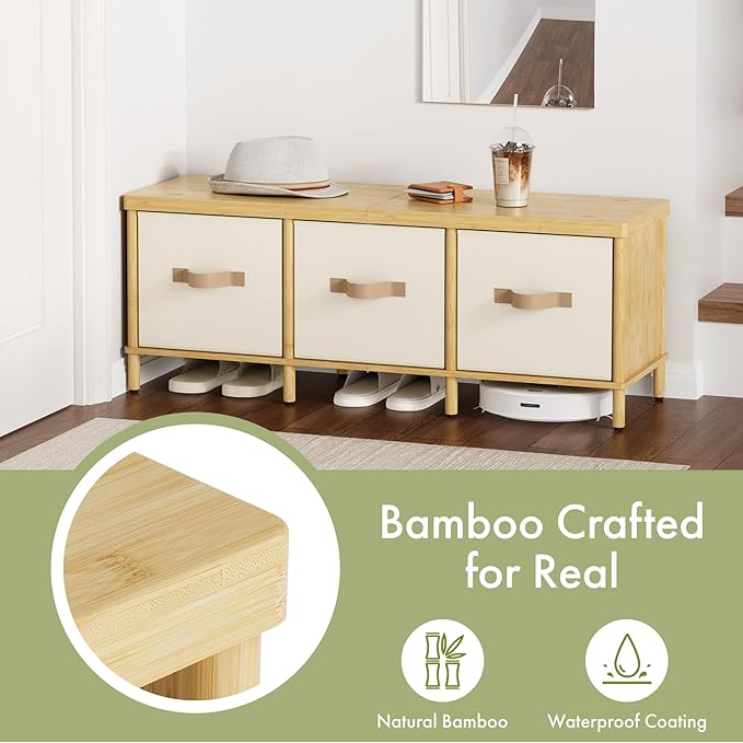 Storage Bench, 43.3" Bamboo Storage Chest with 3 Drawers, Entryway Bench with Cushioned Seat, End of Bed Bench with Storage Toy Box, Toy Chest Storage Bench for Entryway, Living Room, Bedroom