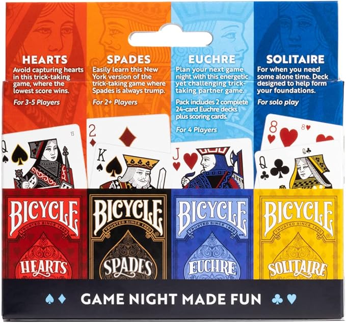 Bicycle 4 Playing Card Games in 1: Euchre, Hearts, Spades, and Solitaire (4 Card Game Pack)