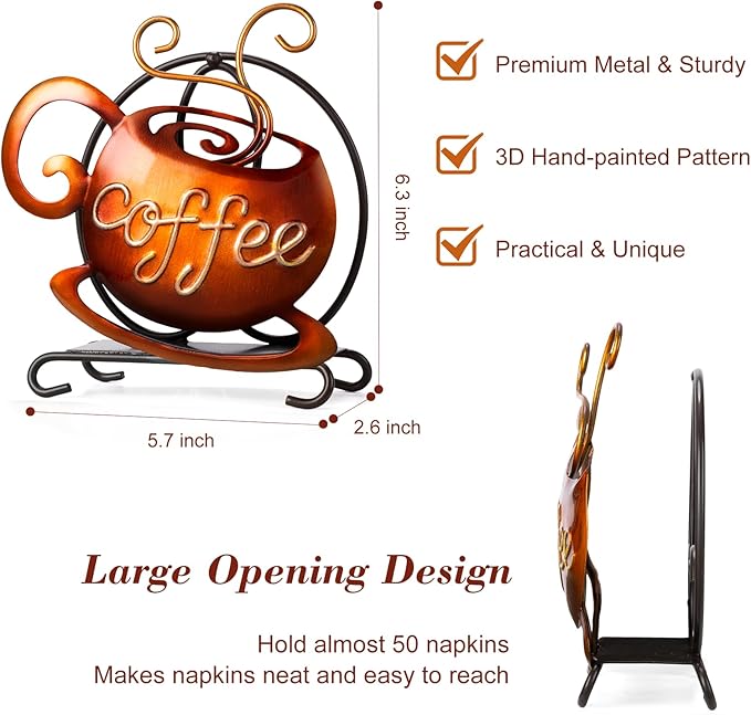 Coffee Napkin Holder for Table - Coffee Bar Decor Filter Holder for Counter, Tissue Napkin Dispenser Table Decor for Kitchen Home, Housewarming Gifts for Women, 3D Handmade Pattern, Metal