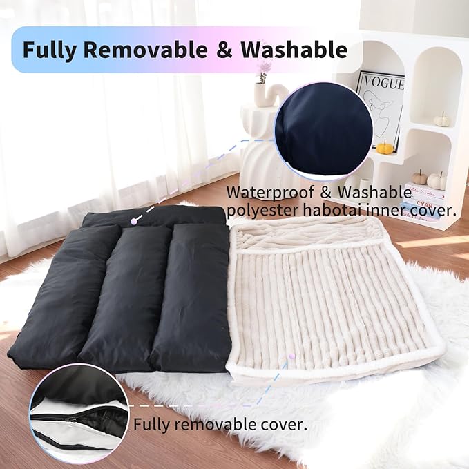 Luxury Dog Bed with Pillow Cute Flannel Pet Bed with Removable Washable Cover & Anti-Slip Bottom, Fluffy Dog Mat for Crate Kennel (Cream, Medium(31x25x3in))