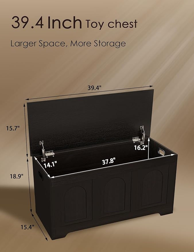 DINZI LVJ Storage Chest, 39.4” Wooden Toy Box with 2 Safety Hinges, Entryway Shoe Bench with Flip-Top, Sturdy Large Storage Trunk for Living Room, Bedroom, Playroom, Easy Assembly, Espresso