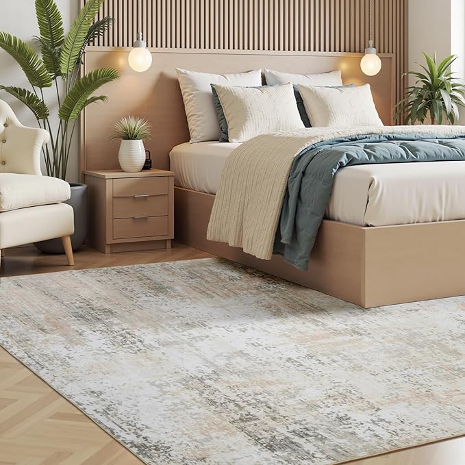 6x9 Abstract Rugs for Bedroom, Neutral Area Rug with Non-Slip Rubber Backing, Machine Washable Modern Carpet for Living Room Dorm Office Decor, Soft Low Pile Stain Resistant Cream Beige