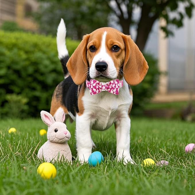 Maca Bates Easter Day Rabbit Dog Collar with Fancy Bow Tie for Small Girl Boy Dogs, Pink Bunny Pattern,Adjustable Durable Soft Breakaway Collars for Male Female Puppy