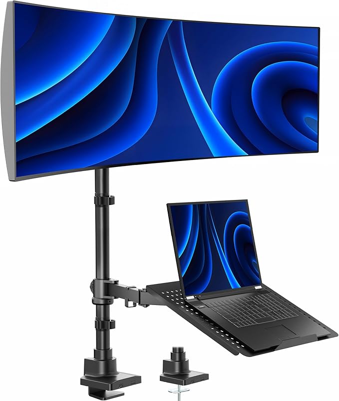 VIVO Extra Tall Desk Mount for up to 49 inch Ultra-Wide Monitor and Tray for up to 17 inch Laptop, Clamp-on Adjustable Stand Holds 44 lb Screens, VESA up to 100x100, Black, STAND-V102T-L