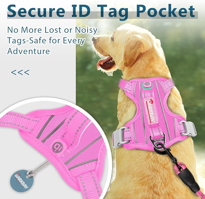 BARKBAY Dog Harness No Pull Oxford with ID Tag Pocket - Heavy Duty, Reflective, Easy Control for Large Dogs(Pink Oxford,S)