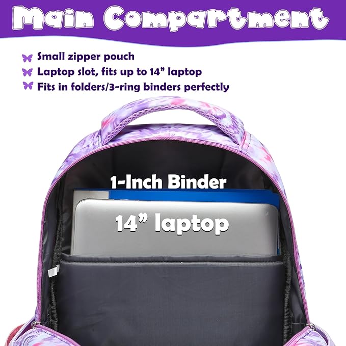 BLUEFAIRY Girls Backpack with Lunch Box Kids Bookbag Set Elemenatry School Bag 17" with insulated Lunch Bag Lunchbox Set Cute Back to School Gifts Mochilas Escolares para Niñas Tie Dye Purple