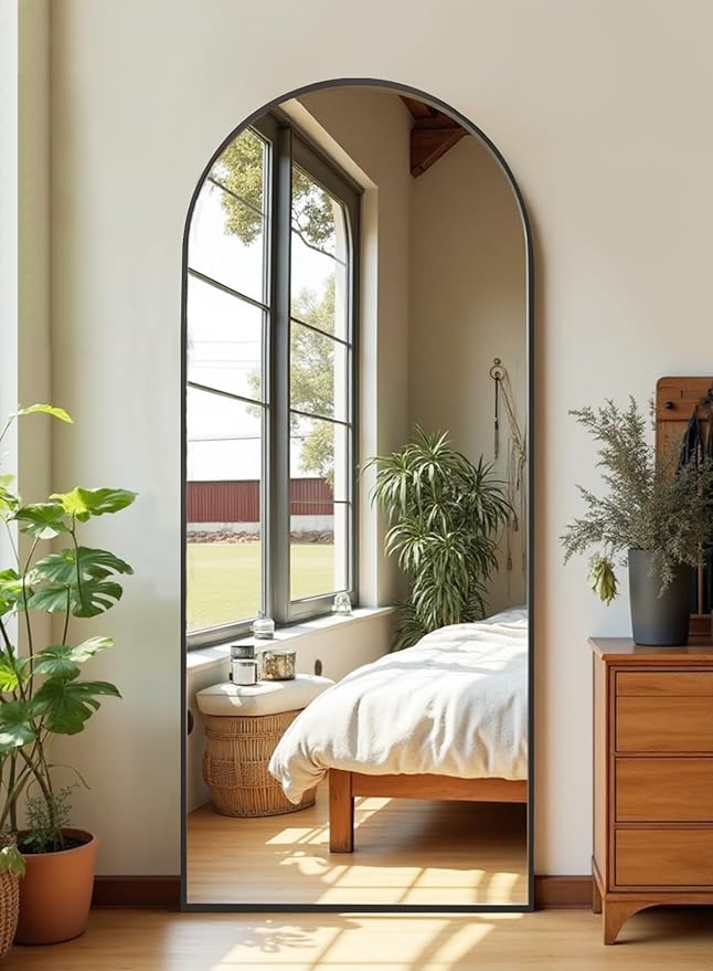 Floor Mirror, Full Length Mirror with Stand, Arched Wall Mirror Full Length, Black Floor Mirror Freestanding, Wall Mounted for Bedroom, Black