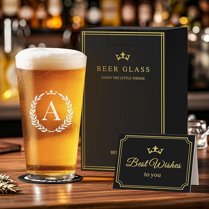 Personalized Beer Glasses Gifts for Men, 16 oz Pint Glasses Monogrammed A-Z Drinking Glass Cups Customized Gift, Unique Christmas Anniversary Birthday Gifts for Men Him Dad Brother Husband Grandpa (A)