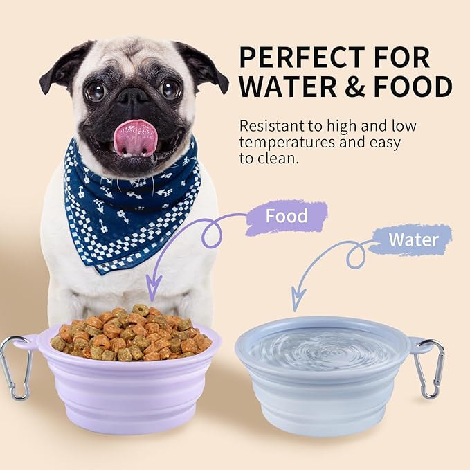 Collapsible Dog Bowls 2-Pack, Portable Travel Dog Bowl with Carabiner, Food-Grade Silicone Pet Bowl for Hiking, Walking (Macaron Blue and Violet)