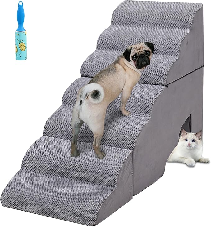 Dog Stair for High Beds 36 inches Tall, 33D Foam Dog Ramp for Bed 32 inches, 7-Step Pet Stair Steps for Small Large Dogs for Bedsides Climbing, Non-Slip Doggie Steps for Older Dogs/Cats, Grey