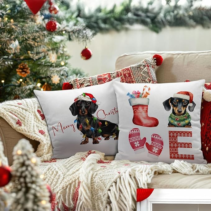 Dachshund Christmas Pillow Covers 18x18, Dachshund Gifts for Women, Merry Christmas Decor, Living Room Bedroom Decor, Set of 2
