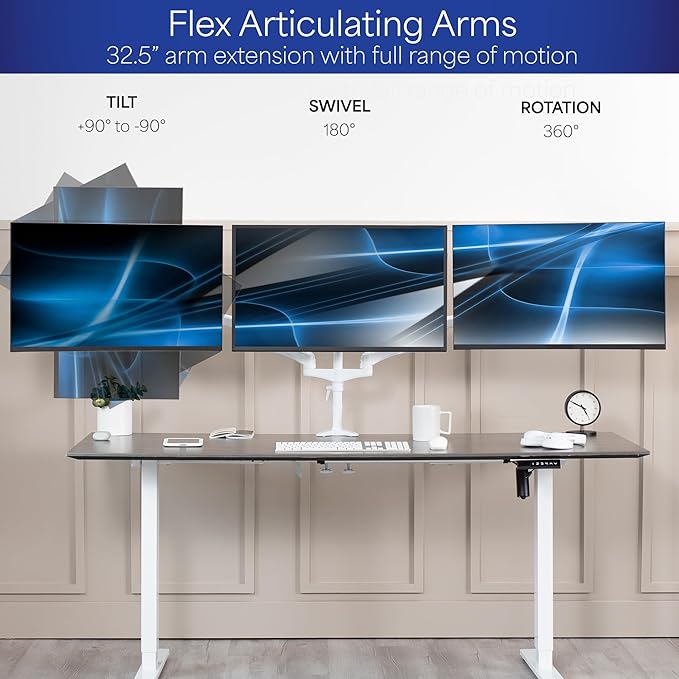 VIVO 17 to 32 inch Triple Pneumatic Monitor Mount, 2 Pneumatic Arms, 1 Fixed, Adjustable Swivel, Rotation, Heavy Duty VESA Desk Stand with C-clamp, Max VESA 100x100, White, STAND-V300GW