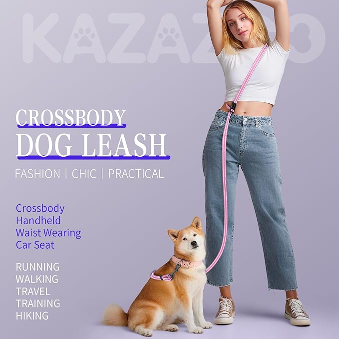 Kazazoo Hands-Free Dog Leash Adjustable Length 5-8 Ft, Waist for Dog Walking, Running for Small &Medium Dogs with Reflective Strips, Ballistic Nylon, Waist Belt, Lightweight Pink