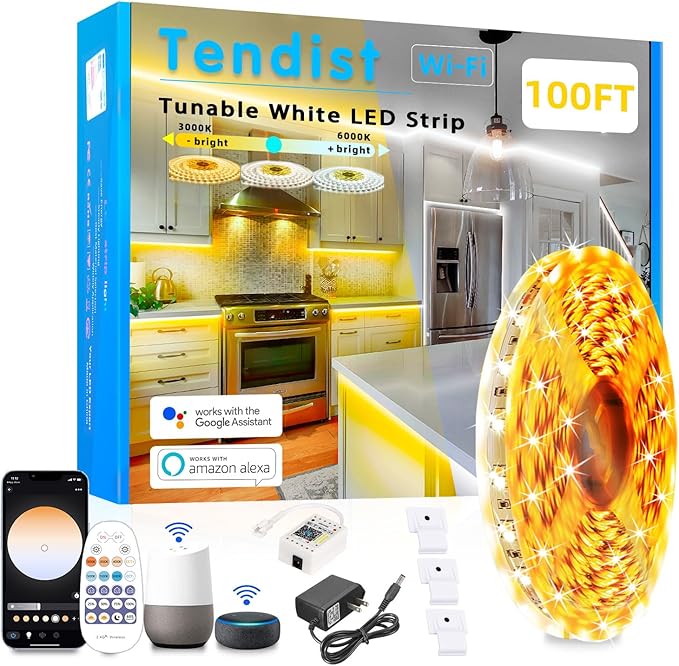 White LED Strip Lights 3000K-6500K 100ft Dimmable, Smart Strip Light Alexa Compatible, 24V WiFi Flexible Tape LED with APP & RF Remote, Cabinet Lighting Self-Adhesive for Room, Kitchen