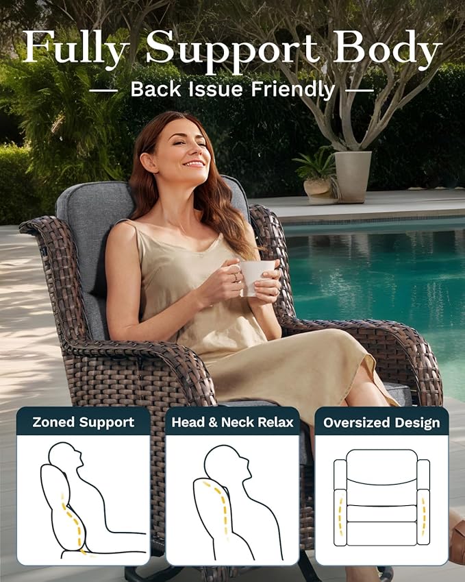 High Back Outdoor Furniture with Extra Thick Cushion Patio Swivel Rocking Chairs, Comfort 3-Seat Sofa, 8PCS Oversized Wicker Conversation Set for Porch, Deck, Yard in Dark Gray