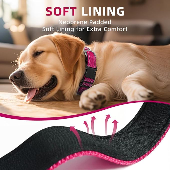 Reflective Dog Collar for Extra Large Dogs, Adjustable Collar with Soft Neoprene Padded, Durable Buckle for Daily Walking,Hotpink,XL