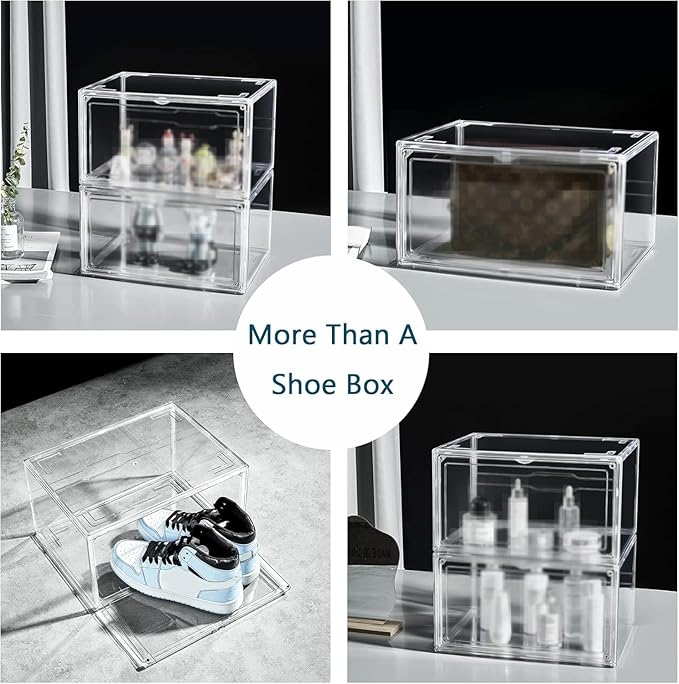 12 Pack Shoe Boxes, Clear Acrylic Stackable Plastic Sneaker Box Container, Magnetic Drop & Side Open Shoe Organizer Case Container With Lids Fits Up to Size 14 (Crystal Clear)