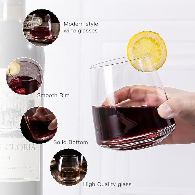 Stemless Wine Glasses Set of 4-14.5oz Hand Blown Heavy Red White Wine Glasses Unique gifts for him/her wedding, birthday, Mother's/father's day, anniversary