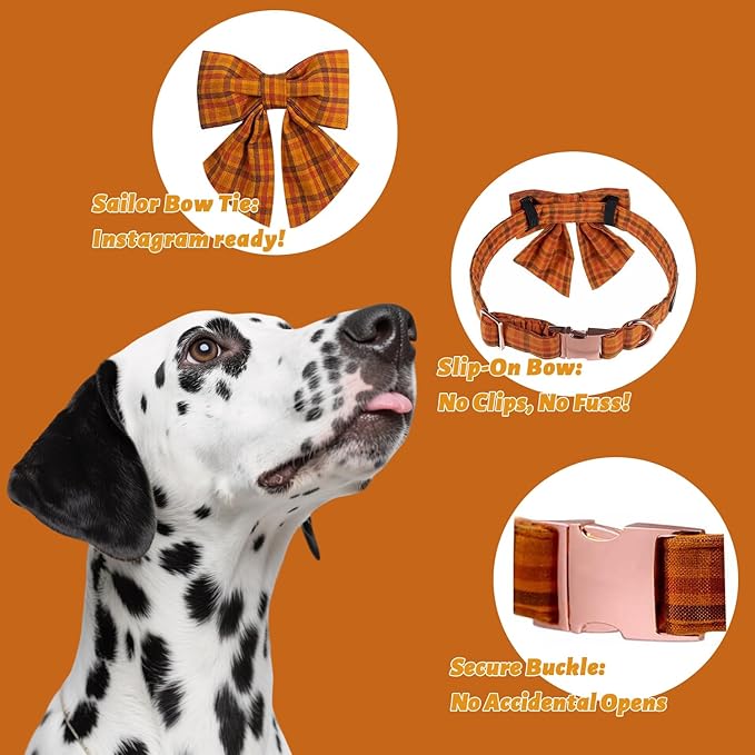 Maca Bates Fall Pumpkin Plaid Dog Collar with Sailor Bow Tie for Medium Girl,Boy,Autumn Checkered Puppy Collars with Bowtie,Halloween Gingham Print Adjustable Breakaway Soft for Male Female Dogs