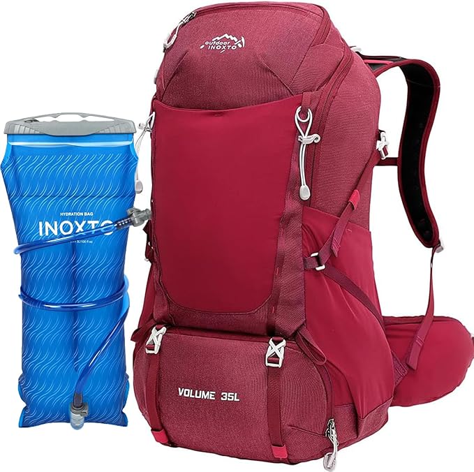 INOXTO 35L Hiking Backpack with 3Lwater bladder, Camping Backpack with Waterproof Rain Cover for Men, Outdoor Sport Travel Daypack for Climbing (Red)