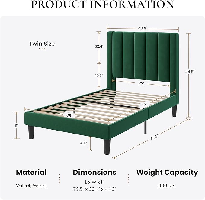 SHA CERLIN Twin Bed Frame/Velvet Upholstered Platform Bed Frame with Headboard/Strong Wood Slats Support/Mattress Foundation/No Box Spring Needed - Green