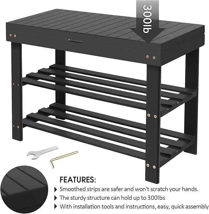 BAMBUROBA Shoe Rack Bench for Entryway,3-Tier Bamboo Small Bench with Storage Drawer,Shoe Shelf Organizer Indoor Outdoor Use,Black