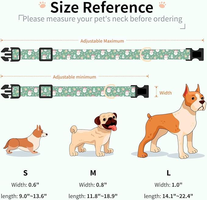 Christmas Dog Collar,Adjustable Cute Puppy Collar with Santa Claus Patterned Design for Small Medium Large Dogs,Soft Pet Collar with Safety Buckle for Girl Boy Dogs (Green Santa, L)