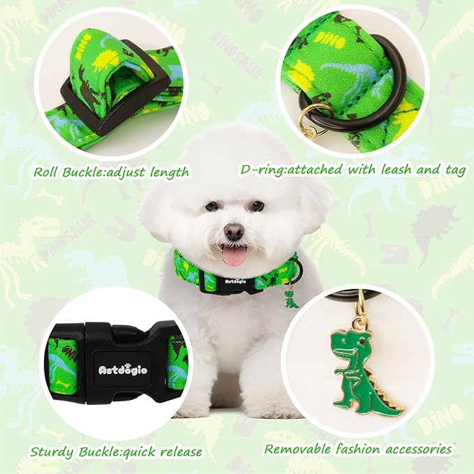 Dinosaur Dog Collar竊똆reen with Multicolor Dino Pattern Handmade Cotton Collar for Small Medium Large Dogs, Adjustable & Comfortable Puppy Collar for Daily Walks, Park Adventures or Photos-XS