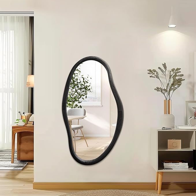 JJUUYOU Irregular Mirror Black Asymmetrical Wooden Wall Mirror 34"x22" Large Home Decorative Wall Mounted Vanity Hanging Mirrors for Bathroom Dressing Room Living Room