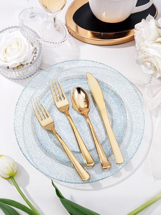 WDF 200PCS Blue Plastic Plates - Blue Glitter Plastic Plates - Heavy Duty Disposable Plates - Include 100 Dinner Plates 10" and 100 Dessert Plates 7" for Parties/Wedding/Graduation