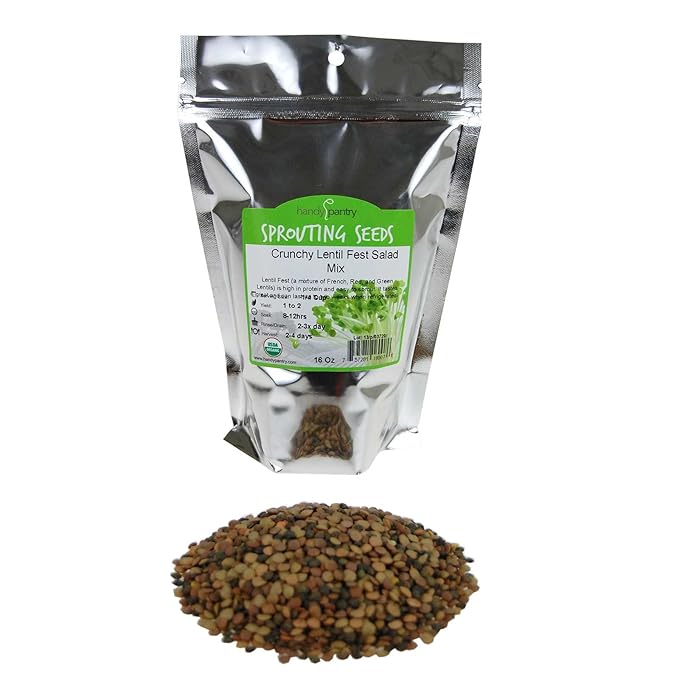 Crunchy Lentil Fest Sprouting Seed Mix- 1 Lb- Organic- Green, Red & French Lentils- Edible Seeds, Salad, Soup, Sprouts & Food Storage