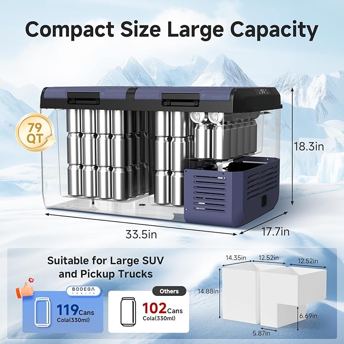BODEGACOOLER 12 Volt Car Refrigerator, 79QT(75L) IPX4 Waterproof Electric Cooler, RV Car Fridge Dual Zone APP Control with 12/24V DC 110-240V AC, -4℉~68℉, Portable Freezer for Truck RV Camping, Travel