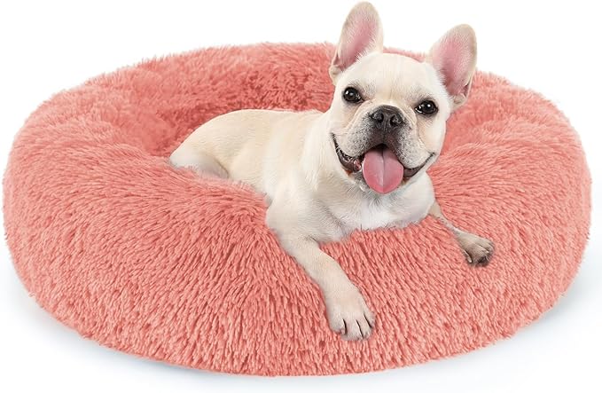 rabbitgoo Calming Dog Bed for Small Medium, 27 inches Pet Bed Machine Washable, Non-Slip Round Fluffy Plush Faux Fur, Soft Donut Cuddler Cushion for Small Dogs, Pink