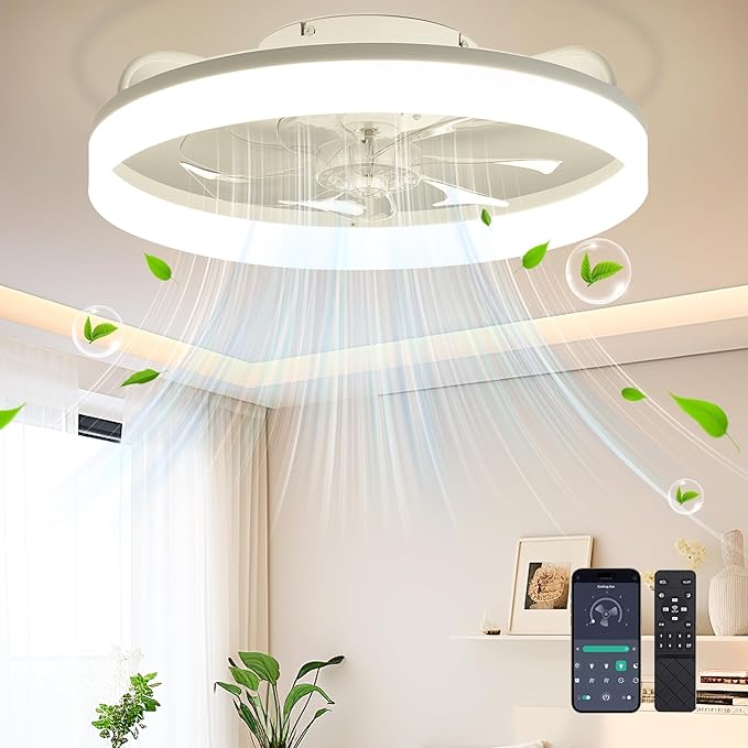 Ceiling Fans with Lights and Remote Fandelier - White 20'' Flush Mount Low Profile Modern Ceiling Fans for Bedroom - Stepless Color Temperature and 6 Speeds, White