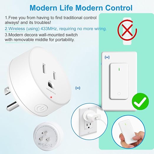 15 amp Plug with Remote,GreenCyle 3 Remote Control Outlet Plug with 1 Switch,Wireless On/Off Light Switch Wall Mounted,15A/1500W,TUV List,No Wiring Needed,500ft RF Range,for Lamp,Household Appliances