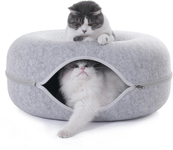 Large Cat Tunnel Bed for Indoor Cats with 3 Toys, Scratch Resistant Donut Cat Bed, Up to 30 Lbs (L 24x24x11, Light Grey)