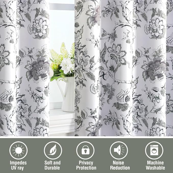 H.VERSAILTEX Blackout Curtains 96 Inch Length 2 Panels Set Floral Print Curtain Drapes for Living Room Thermal Insulated Grommet Window Curtains for Bedroom - Traditional Floral in Antique Green