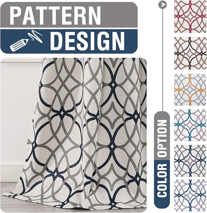 H.VERSAILTEX Blackout Curtains Printed Design 63 Inch Length 2 Panels Set Thermal Insulated Curtains for Bedroom Living Room Geometric Modern Grommet Window Drapes - Grey and Navy