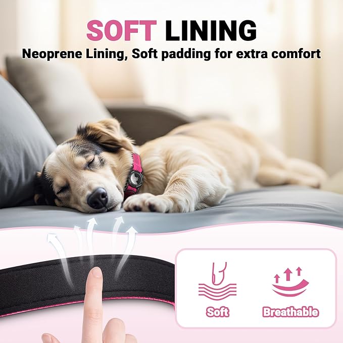 AirTag Dog Collar and Leash, IP68 Waterproof Integrated with Reflective, Ultra-Durable, Comfortable Padded, Heavy Duty Dog Collars for Small Medium Large Dogs, S (10.6"-13.6"), Pink