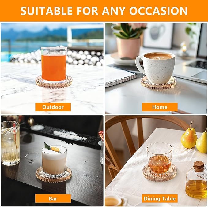 Round Modern Clear Coasters Set of 4, VIBRATITE 4 Inch Glass Cup Coaster Modern Crystal Coasters for Drinks Coffee Office Bar Kitchen Home Wedding Party Decor (Amber)
